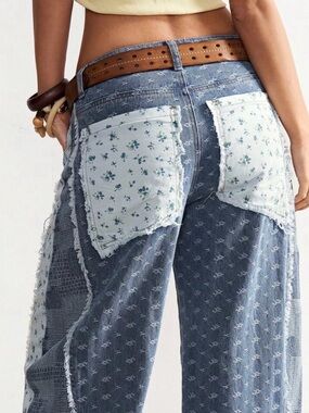 Light Blue Floral Patchwork Wide-Leg Jeans